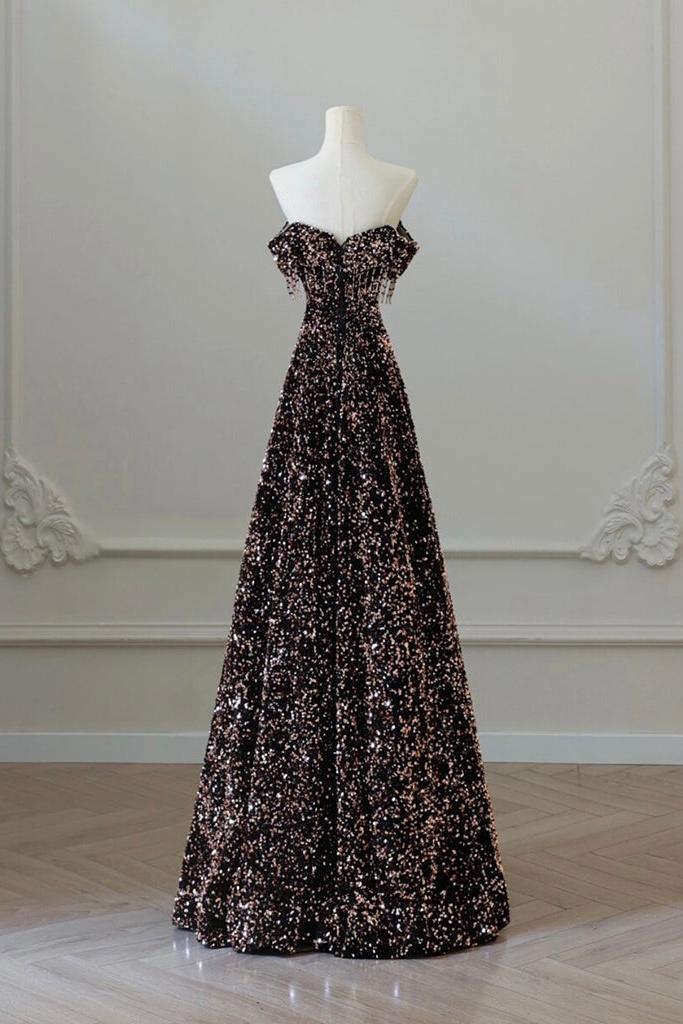 A Line Prom Dress Off the Shoulder Coffee Gold Sequin Long Formal Dress Evening Dress