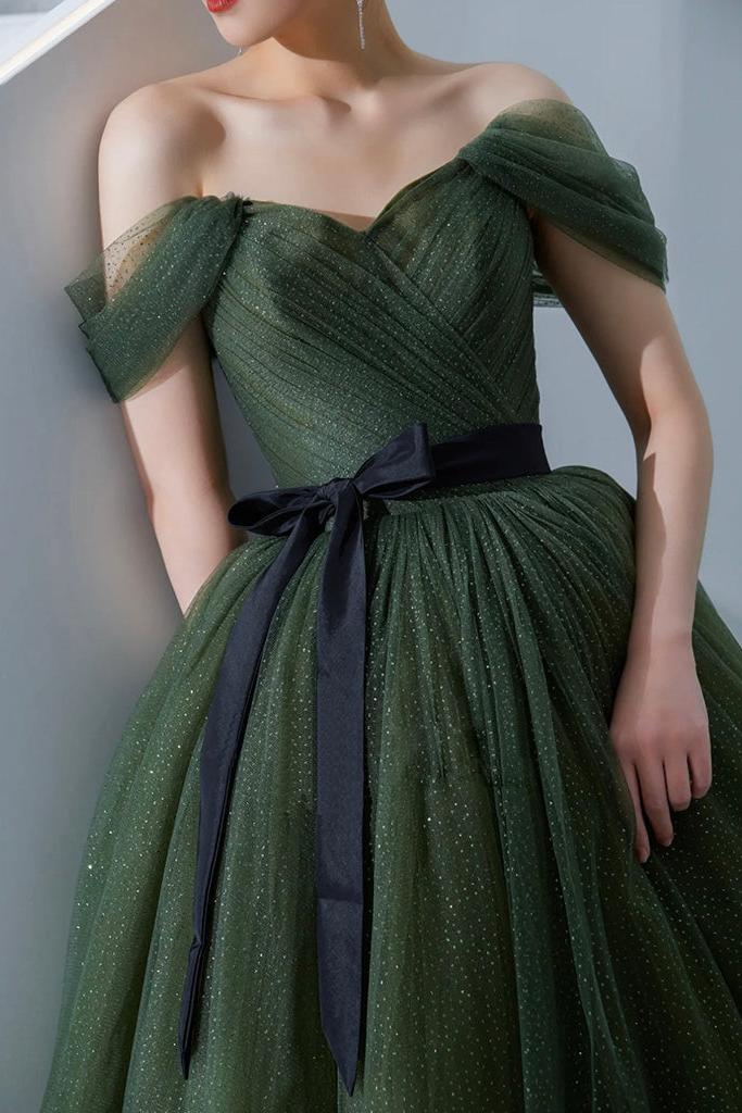 A Line Prom Dress Off the Shoulder Green Long Formal Dress Evening Dress