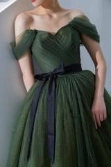 A Line Prom Dress Off the Shoulder Green Long Formal Dress Evening Dress