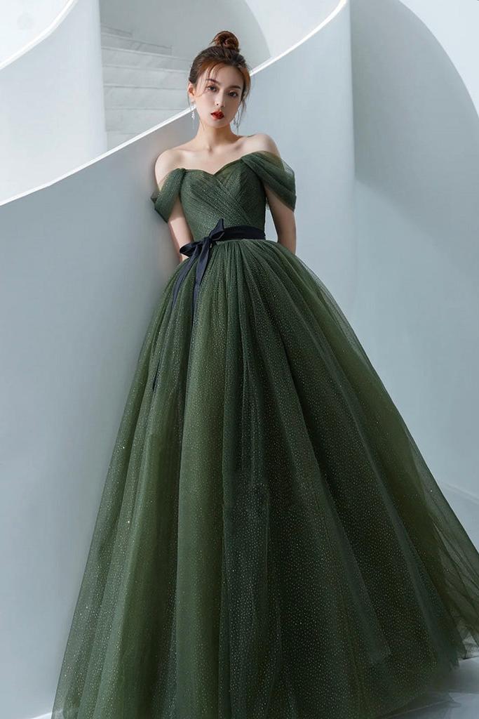 A Line Prom Dress Off the Shoulder Green Long Formal Dress Evening Dress