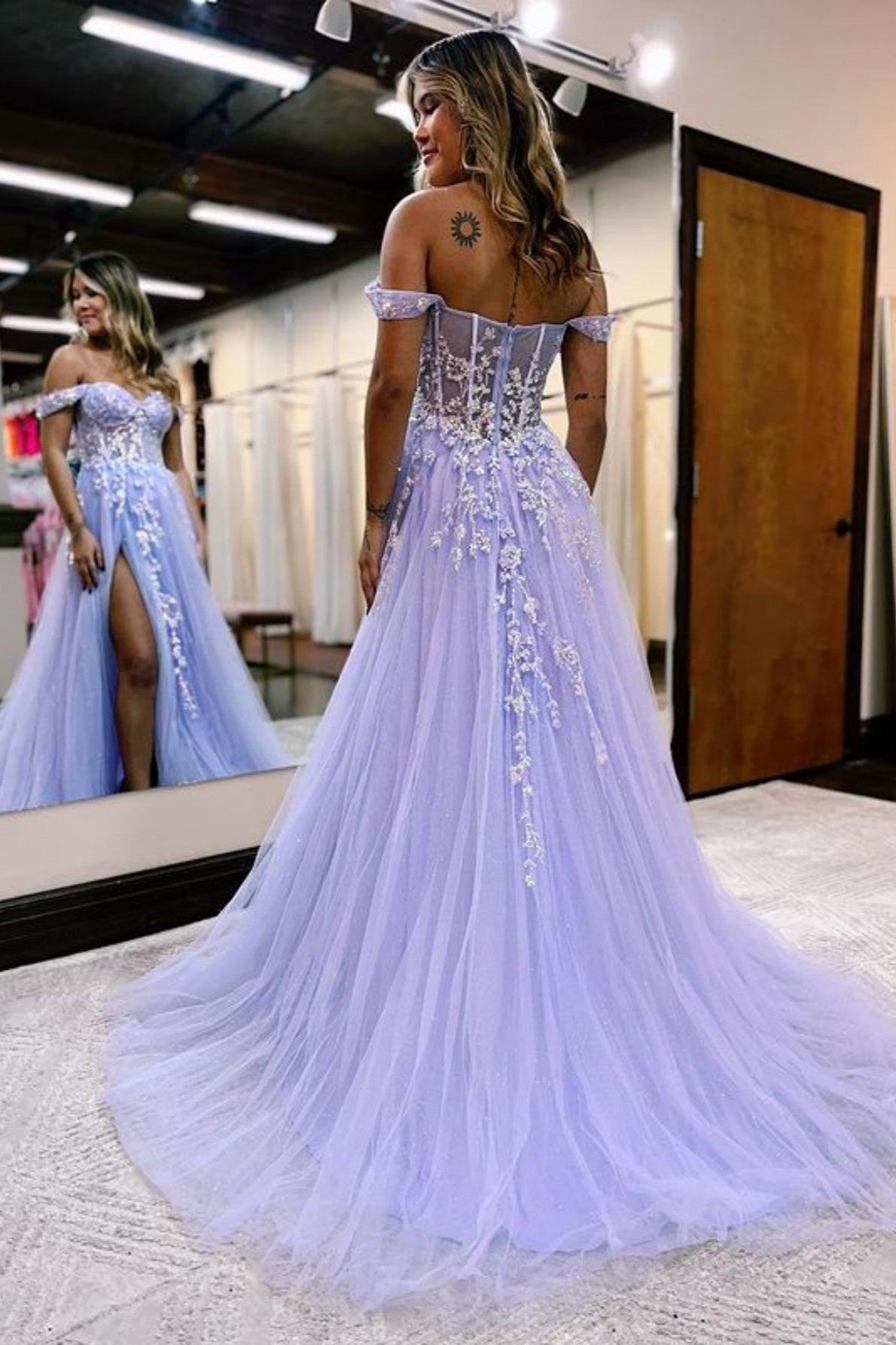A Line Prom Dress Off the Shoulder Lace Tulle Elegant Evening Dress with Split