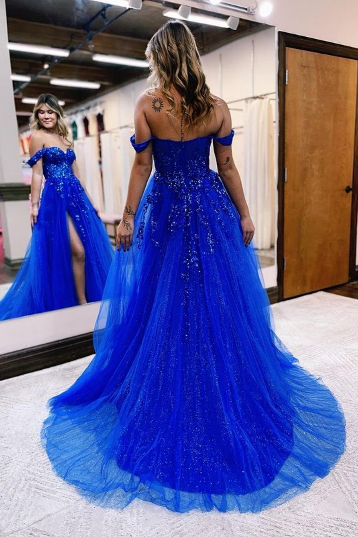 A Line Prom Dress Off the Shoulder Lace Tulle Elegant Evening Dress with Split