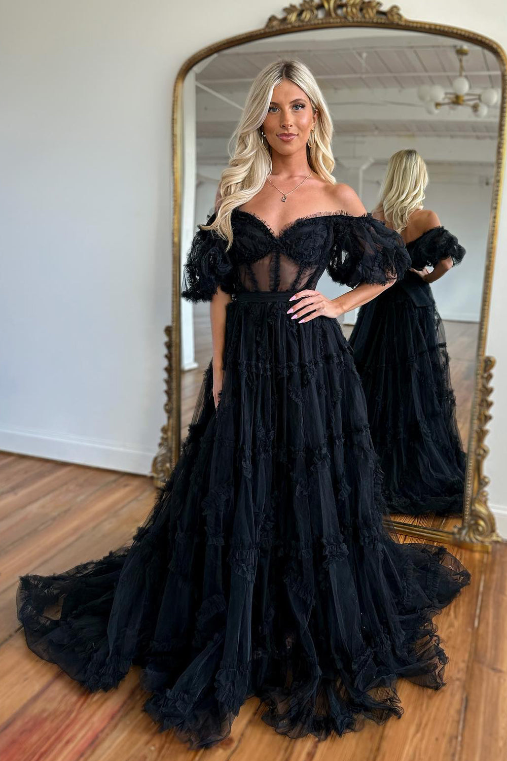 A Line Prom Dress Off the Shoulder Light Blue Tulle Corset Evening Dress with Bowknot