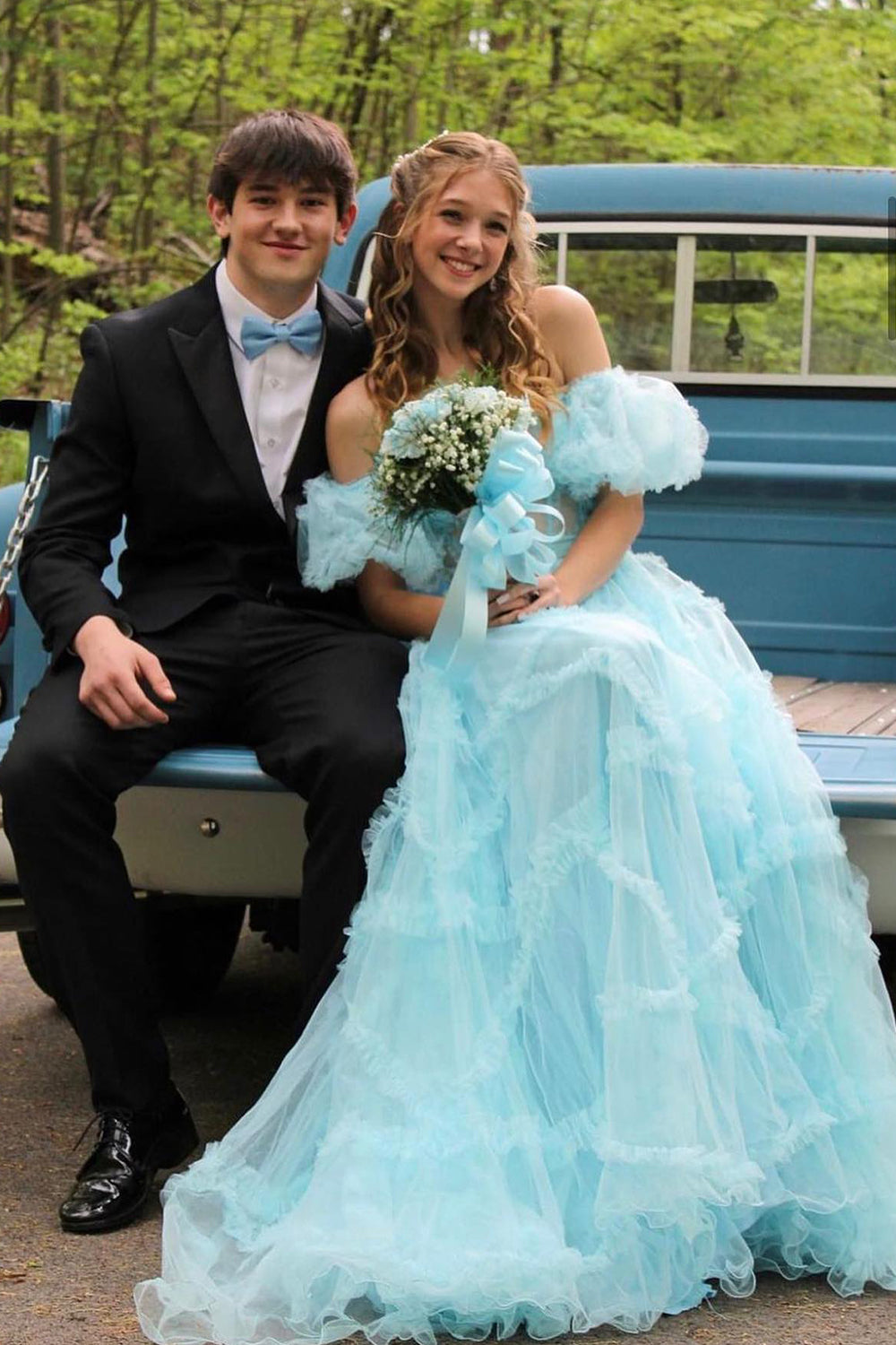 A Line Prom Dress Off the Shoulder Light Blue Tulle Corset Evening Dress with Bowknot
