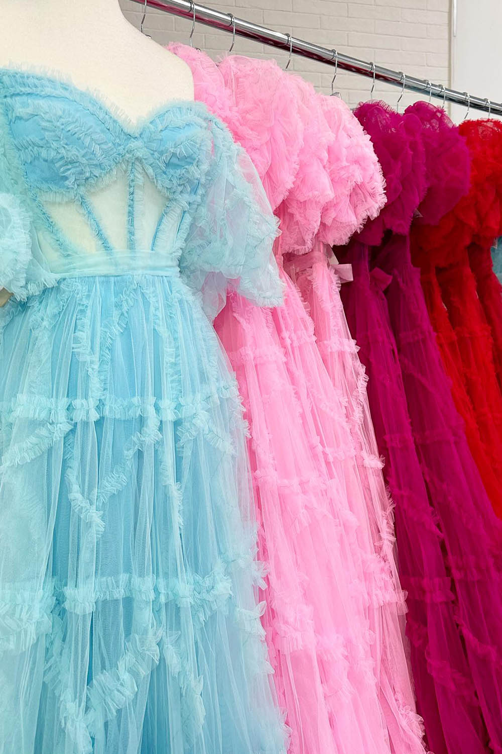 A Line Prom Dress Off the Shoulder Light Blue Tulle Corset Evening Dress with Bowknot