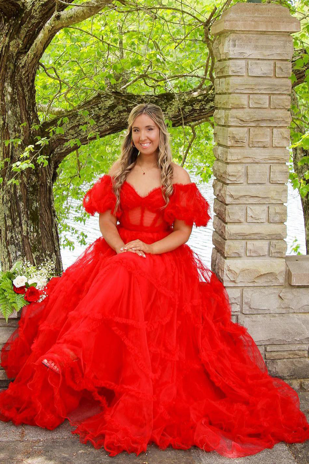 A Line Prom Dress Off the Shoulder Red Tulle Corset Evening Dress with Bowknot
