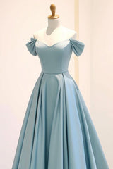 A Line Prom Dress Off the Shoulder Satin Blue Long Formal Dress Evening Dress