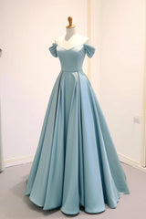 A Line Prom Dress Off the Shoulder Satin Blue Long Formal Dress Evening Dress