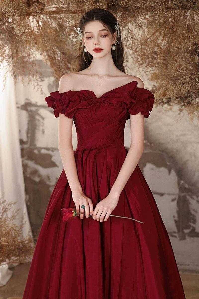 A Line Prom Dress Off the Shoulder Satin Burgundy Long Evening Dress