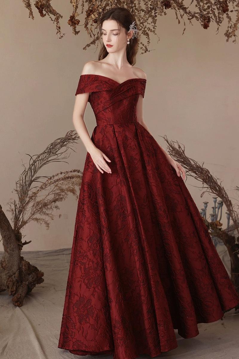 A Line Prom Dress Off the Shoulder Satin Burgundy Long Evening Dress