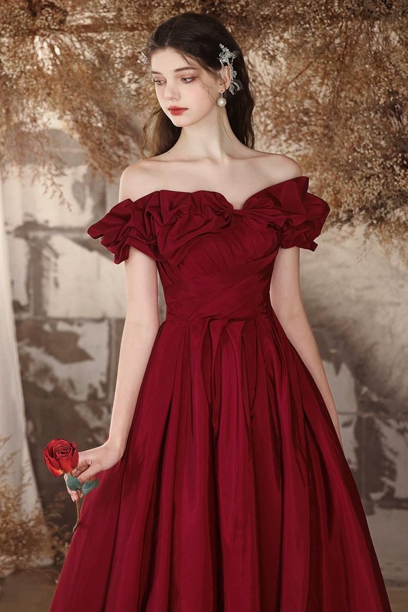 A Line Prom Dress Off the Shoulder Satin Burgundy Long Evening Dress