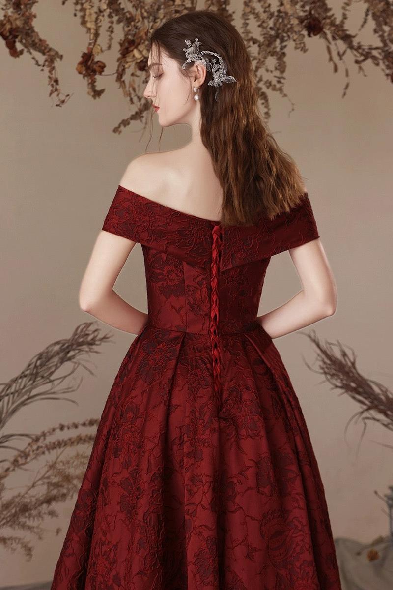 A Line Prom Dress Off the Shoulder Satin Burgundy Long Evening Dress