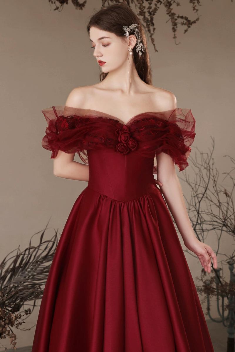 A Line Prom Dress Off the Shoulder Satin Burgundy Long Formal Dress Evening Dress
