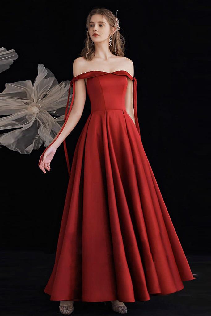 A Line Prom Dress Off the Shoulder Satin Burgundy Long Formal Dress Evening Dress