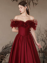 A Line Prom Dress Off the Shoulder Satin Burgundy Long Formal Dress Evening Dress