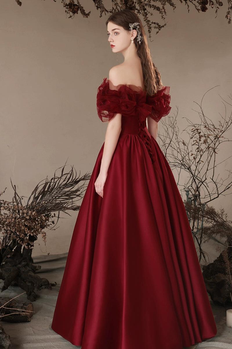 A Line Prom Dress Off the Shoulder Satin Burgundy Long Formal Dress Evening Dress