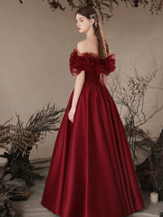 A Line Prom Dress Off the Shoulder Satin Burgundy Long Formal Dress Evening Dress