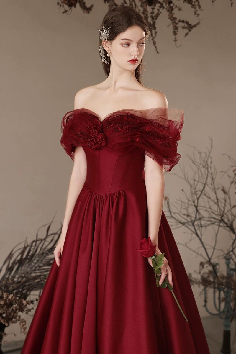 A Line Prom Dress Off the Shoulder Satin Burgundy Long Formal Dress Evening Dress