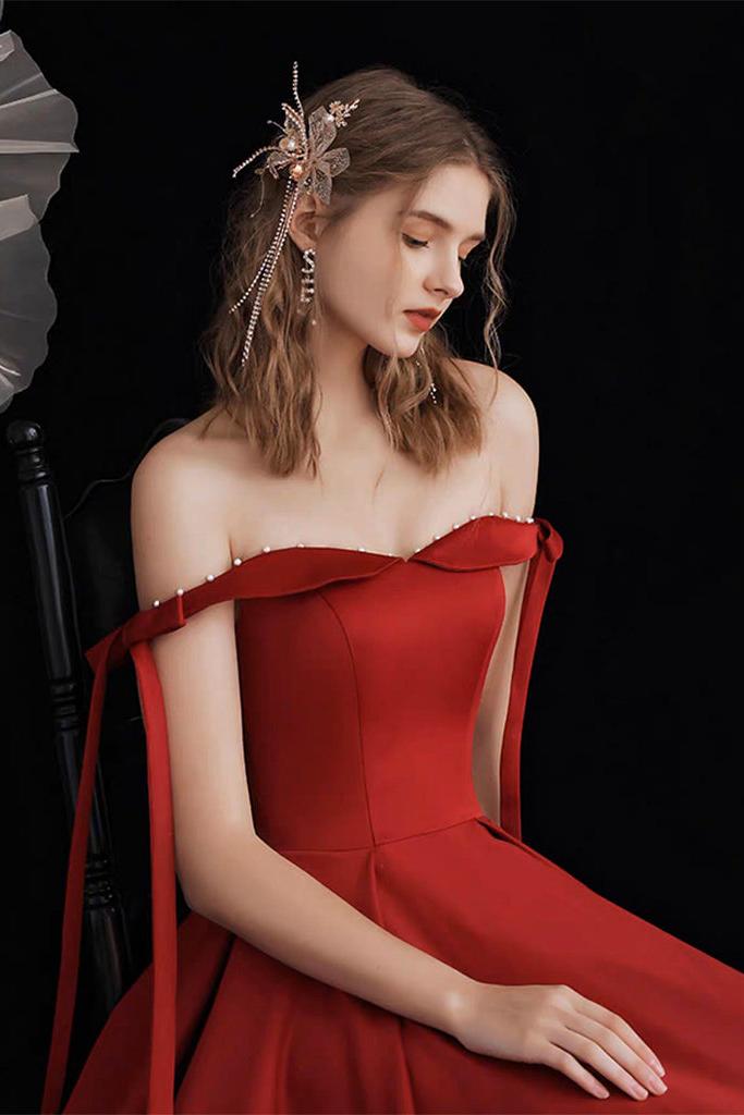 A Line Prom Dress Off the Shoulder Satin Burgundy Long Formal Dress Evening Dress