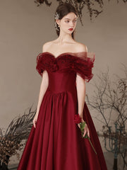 A Line Prom Dress Off the Shoulder Satin Burgundy Long Formal Dress Evening Dress