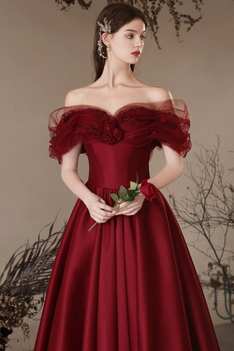 A Line Prom Dress Off the Shoulder Satin Burgundy Long Formal Dress Evening Dress