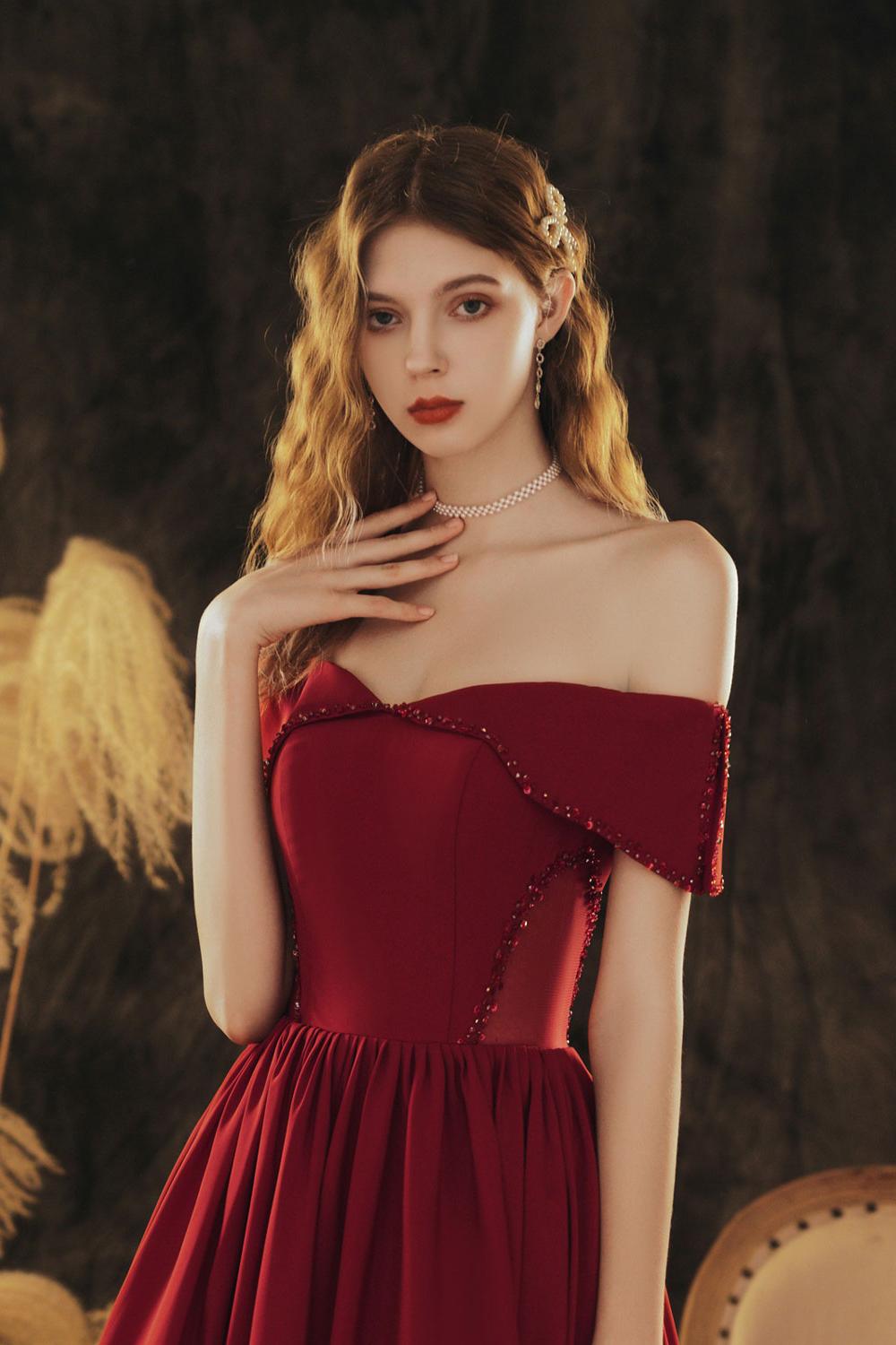 A Line Prom Dress Off the Shoulder Satin Burgundy Long Formal Evening Dress