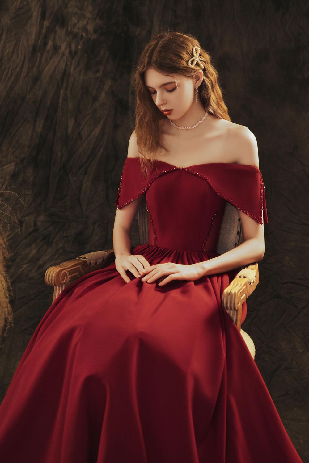 A Line Prom Dress Off the Shoulder Satin Burgundy Long Formal Evening Dress