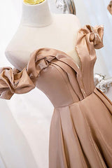 A Line Prom Dress Off the Shoulder Satin Champagne Long Formal Dress Evening Dress