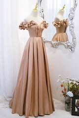 A Line Prom Dress Off the Shoulder Satin Champagne Long Formal Dress Evening Dress