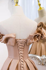 A Line Prom Dress Off the Shoulder Satin Champagne Long Formal Dress Evening Dress