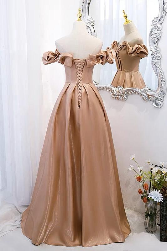 A Line Prom Dress Off the Shoulder Satin Champagne Long Formal Dress Evening Dress
