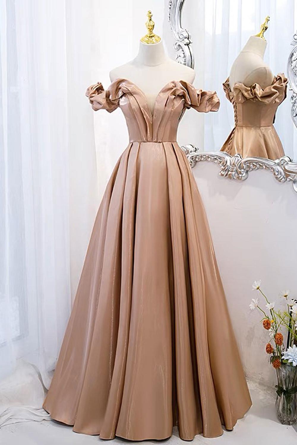 A Line Prom Dress Off the Shoulder Satin Champagne Long Formal Dress Evening Dress