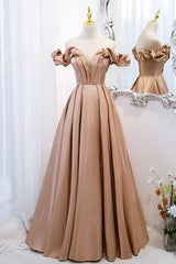 A Line Prom Dress Off the Shoulder Satin Champagne Long Formal Dress Evening Dress