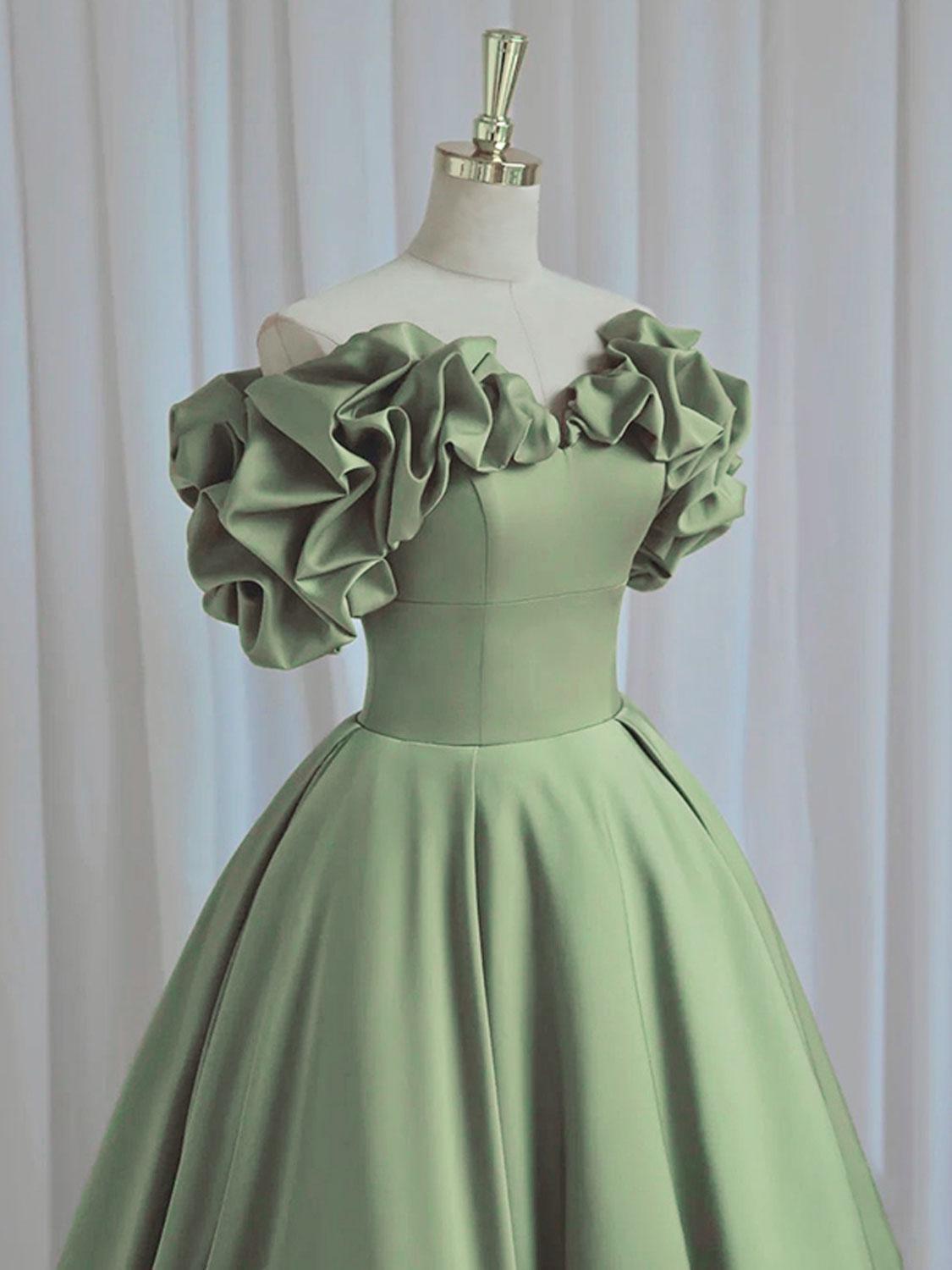 A Line Prom Dress Off the Shoulder Satin Green Long Formal Gown Evening Dress