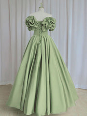A Line Prom Dress Off the Shoulder Satin Green Long Formal Gown Evening Dress