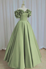 A Line Prom Dress Off the Shoulder Satin Green Long Formal Gown Evening Dress