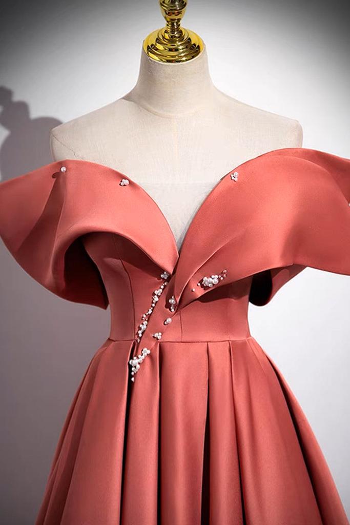 A Line Prom Dress Off the Shoulder Satin Long Watermelon Red Formal Dress Evening Dress