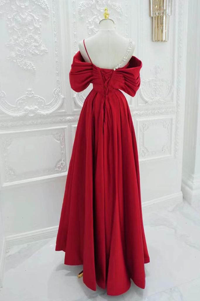 A Line Prom Dress Off the Shoulder Satin Red Long Evening Dress