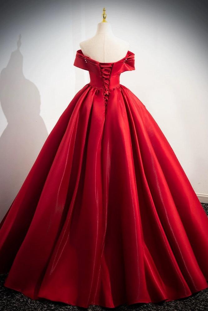 A Line Prom Dress Off the Shoulder Satin Red Long Evening Dress