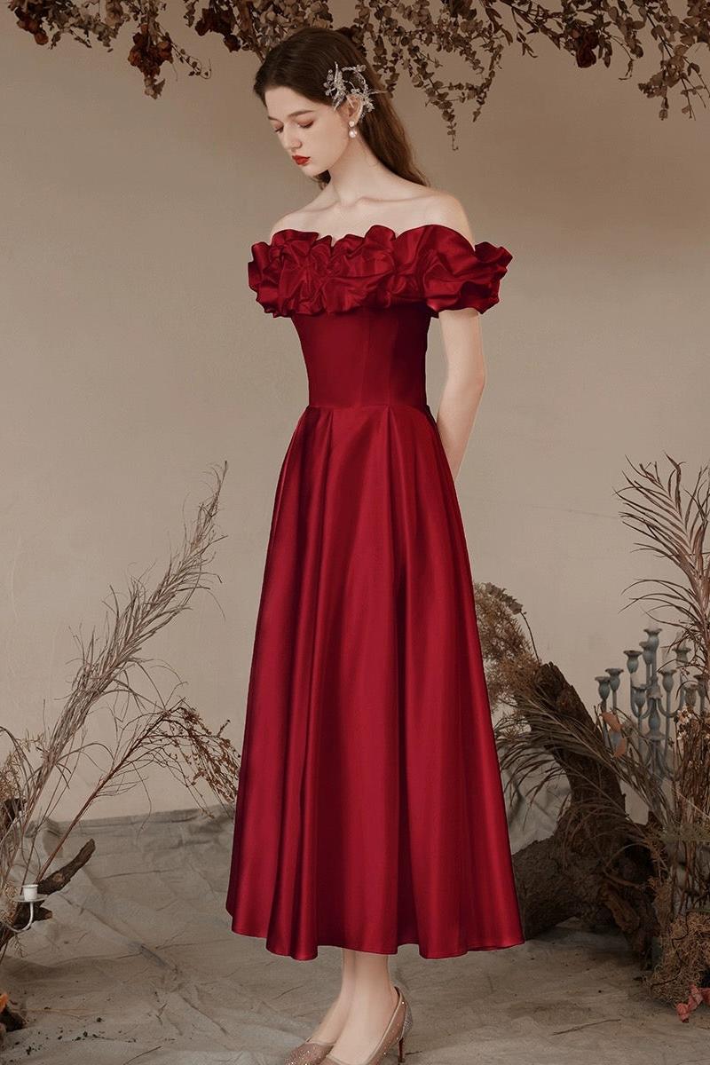 A Line Prom Dress Off the Shoulder Satin Tea Length Burgundy Formal Evening Dress
