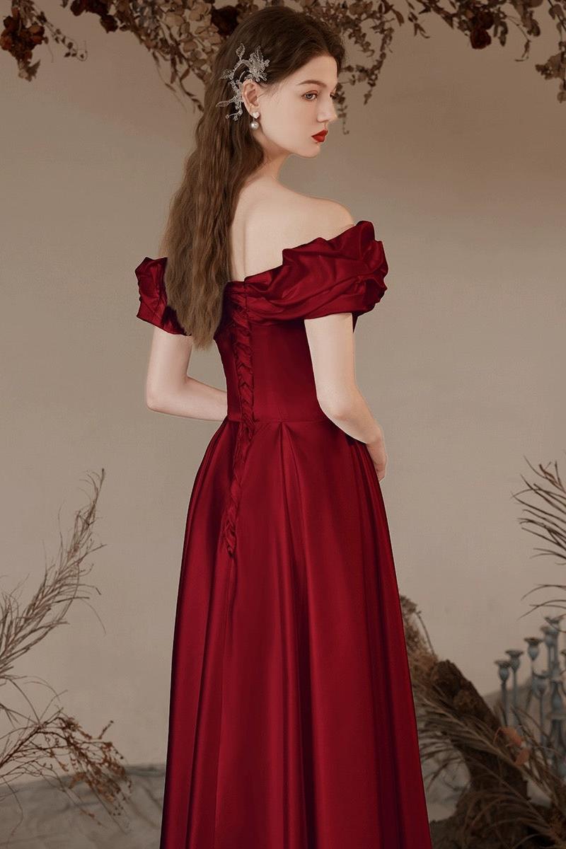 A Line Prom Dress Off the Shoulder Satin Tea Length Burgundy Formal Evening Dress