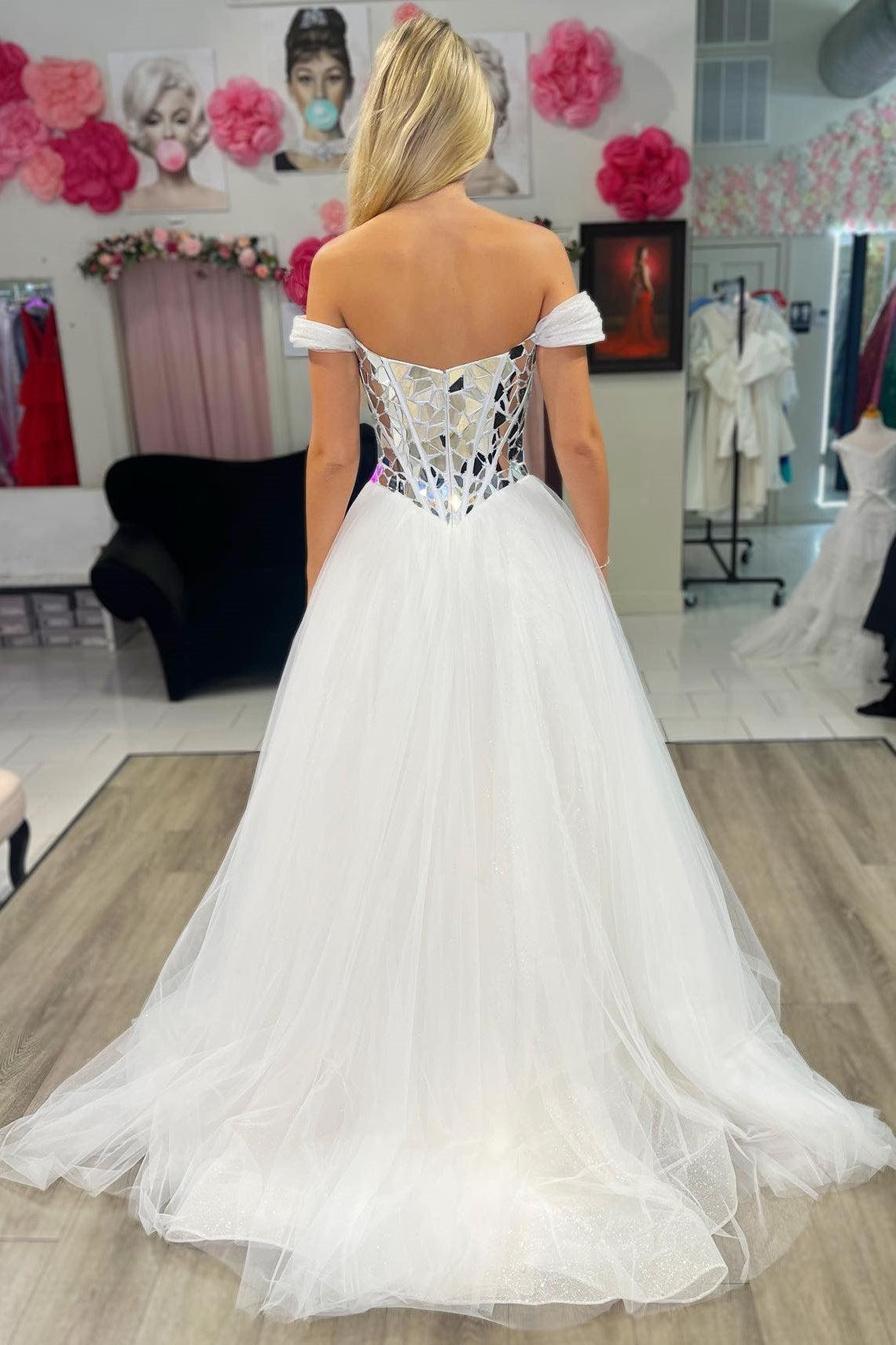 A Line Prom Dress Off the Shoulder Sequin Tulle Evening Dress