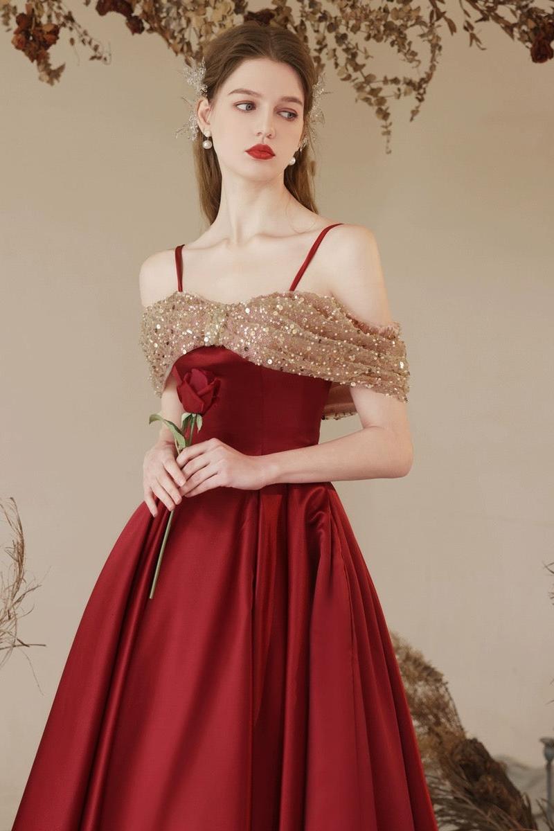 A Line Prom Dress Off the Shoulder Sweetheart Neck Tea Length Burgundy Evening Dress