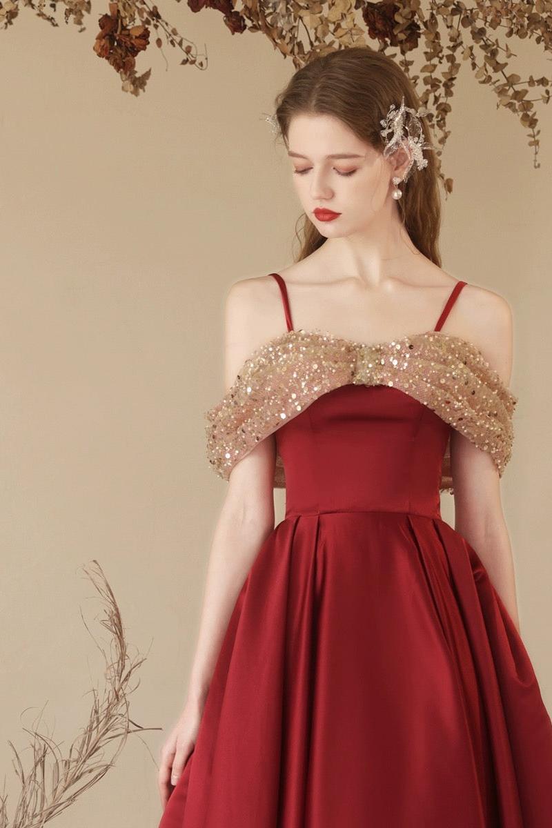A Line Prom Dress Off the Shoulder Sweetheart Neck Tea Length Burgundy Evening Dress