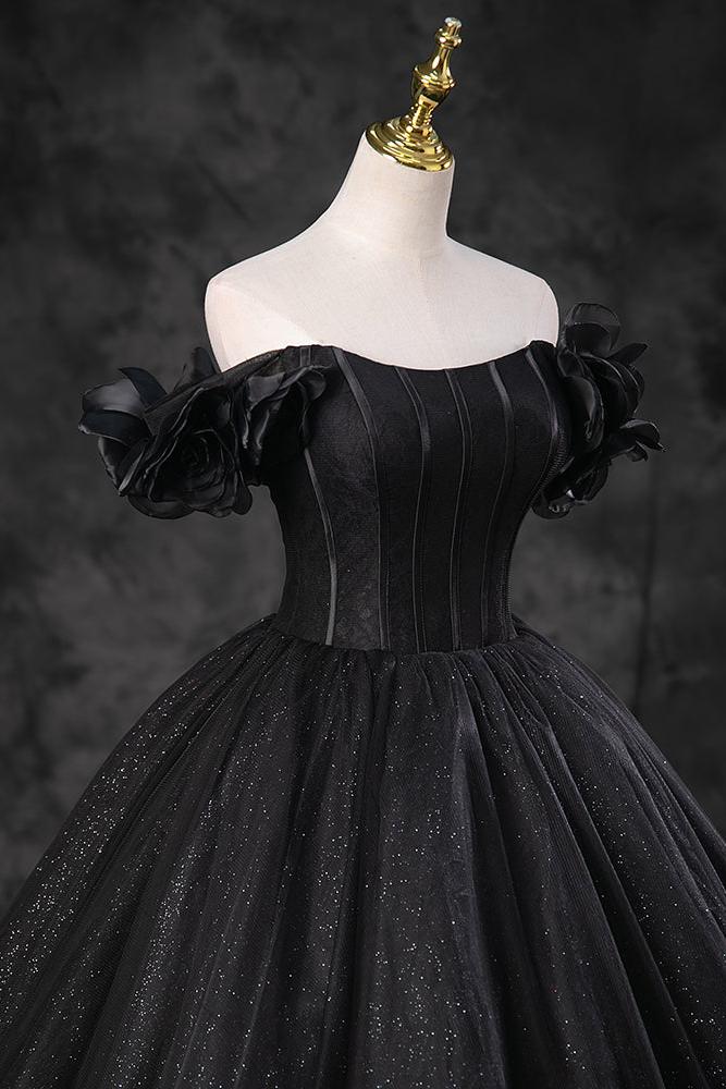 A Line Prom Dress Off the Shoulder Tulle Black Long Evening Gown Evening Dress