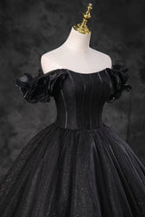 A Line Prom Dress Off the Shoulder Tulle Black Long Evening Gown Evening Dress