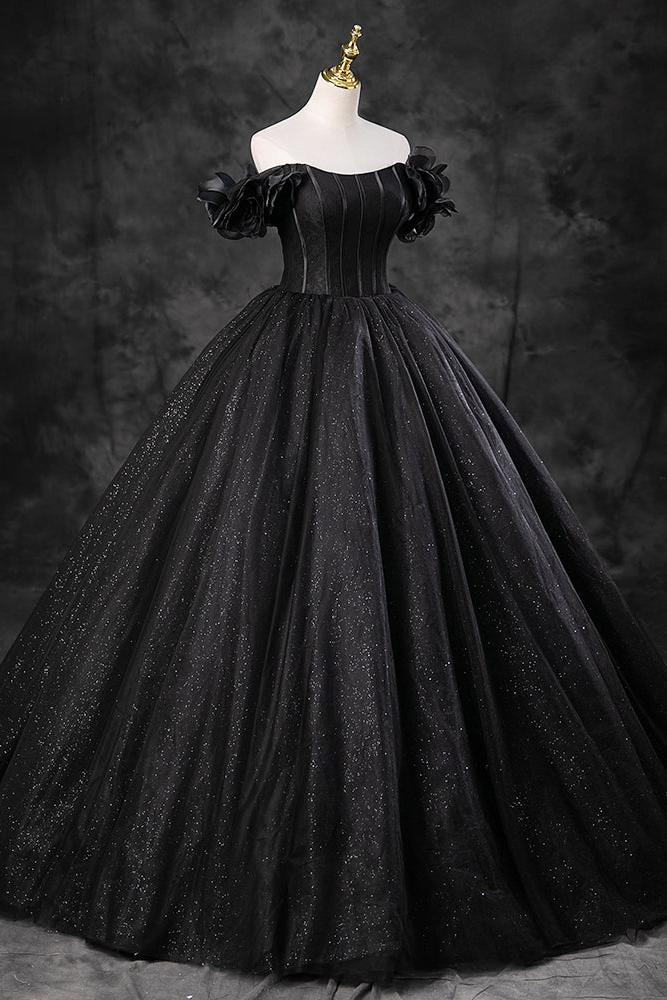 A Line Prom Dress Off the Shoulder Tulle Black Long Evening Gown Evening Dress