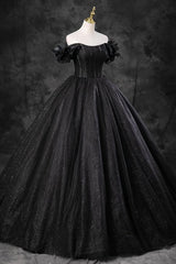 A Line Prom Dress Off the Shoulder Tulle Black Long Evening Gown Evening Dress