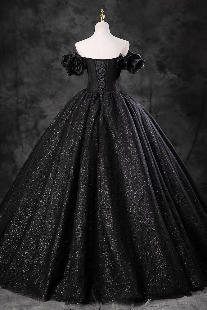A Line Prom Dress Off the Shoulder Tulle Black Long Evening Gown Evening Dress