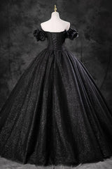 A Line Prom Dress Off the Shoulder Tulle Black Long Evening Gown Evening Dress